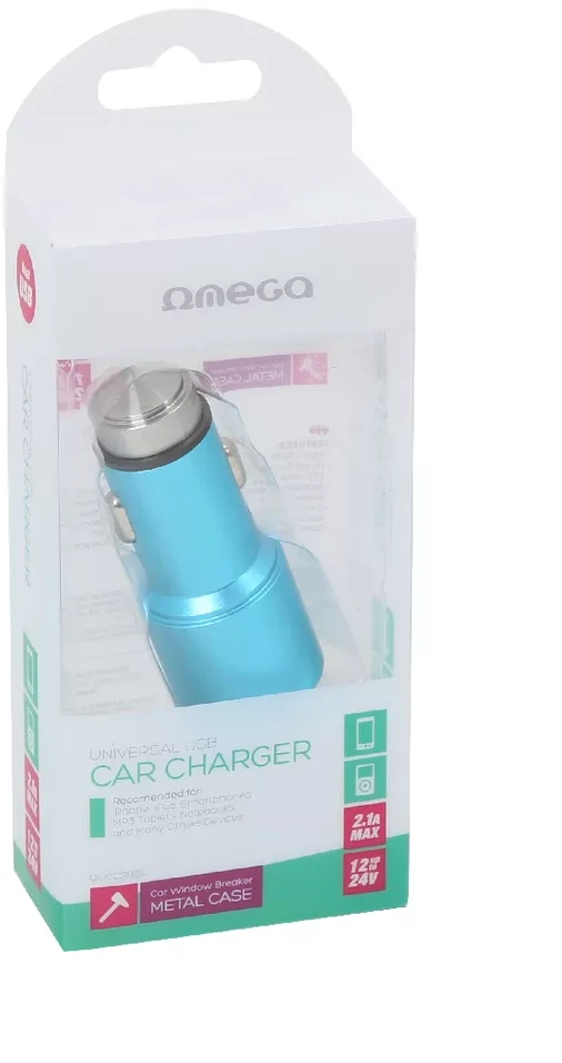 Omega automobilinis įkroviklis 2xUSB 2100mA metalinis, mėlynas (43343)