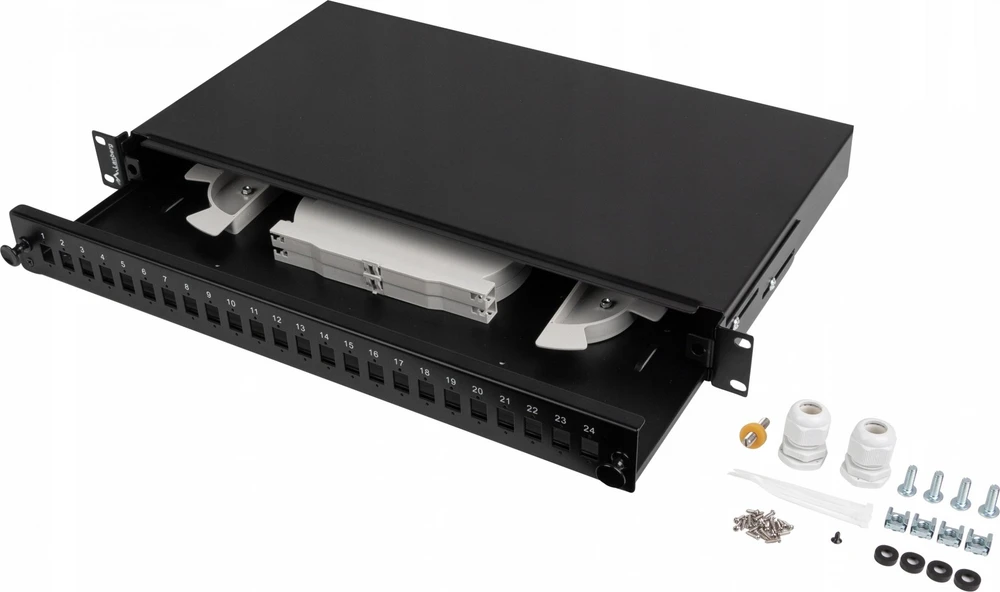 Lanberg Rackmount 19" 1U šviesolaidinis komutacinė panelė 24xSC Simplex/24XLC Duplex Juodas su priedais | FOP1-24SS-LDB