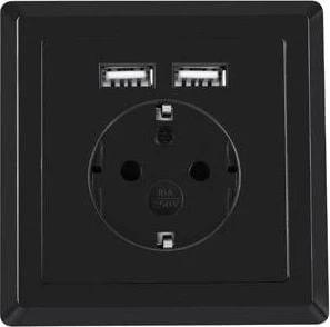 LANBERG AC-WS01-USB2-F-B AC sieninis lizdas schuko su 2 prievadų USB įkrovikliu Juodas