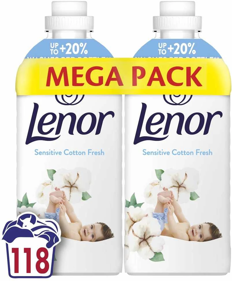 Audinių minkštiklis Lenor Sensitive Cotton Fresh, 2x1,239 l (118 Skalbimų)