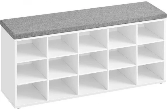 Leobert Batų suoliukas su minkšta sėdyne ir 15 skyrių, baltas/pilkas, 105 × 30 × 48 cm