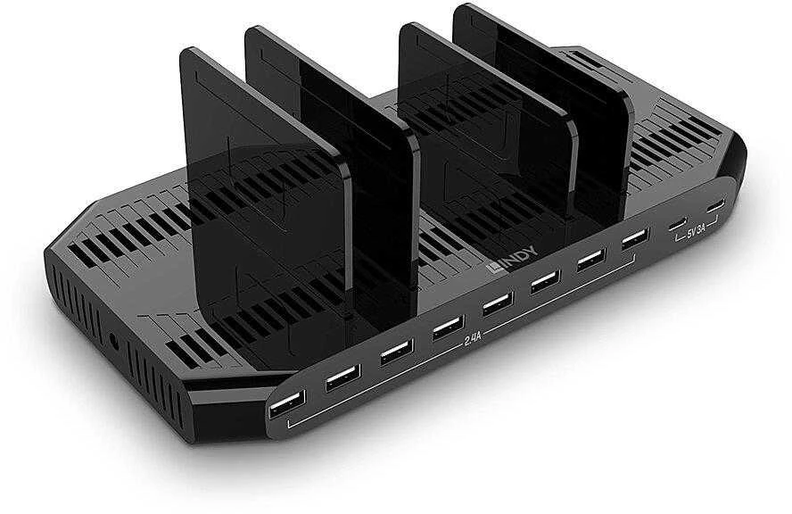 USB Įkrovimo Stotis - LINDY 120W 10 Prievadų Įkrovimo Stotis, 8 x USB Type A, 2 x USB Type C, Juoda