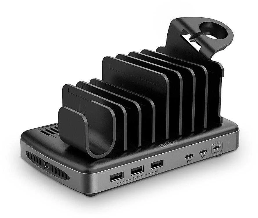 USB Įkrovimo Stotis - LINDY 160W 6 Prievadų Išmanusis Įkroviklis 3A USBType A ir C