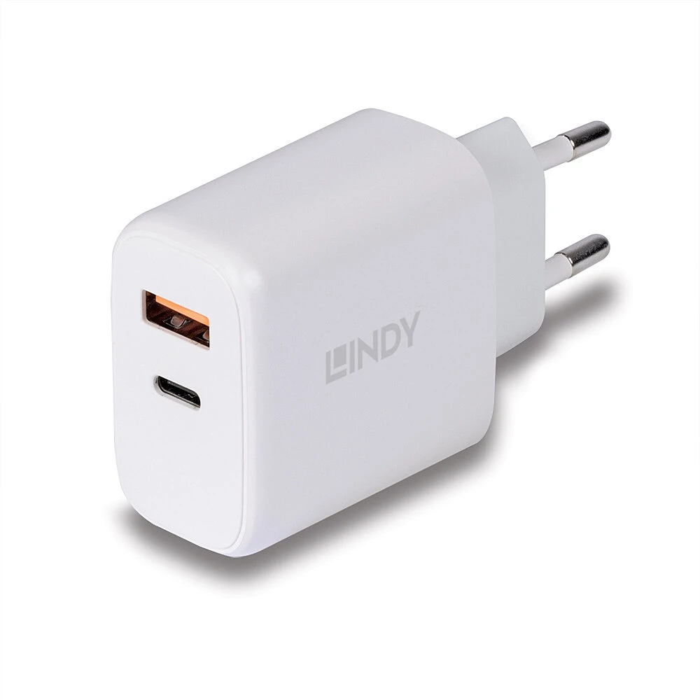Įkroviklis - LINDY 30W USB Type A ir C Įkroviklis, Dvigubas Prievadas, PD Kompaktiškas Dizainas, Baltas