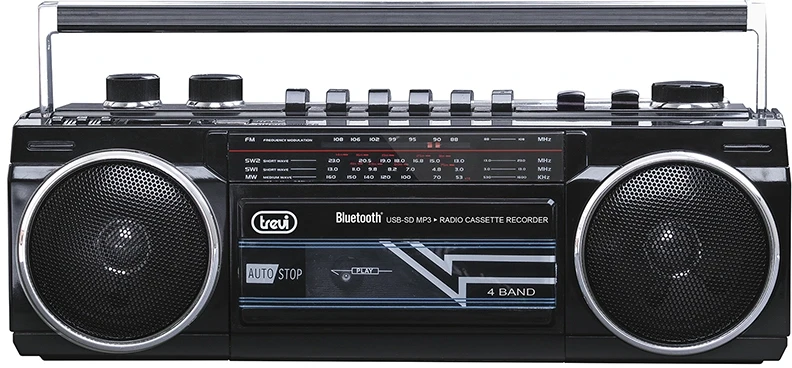 Trevi BT Radio Recorder, Cassette grotuvas/recorder with automatic recording level and autostop function, 4 band radio MW/FM/SW1-2, USB/SD inputs with playback of MP3 files, Belaidė jungtis to listen to wireless music from Išmanusis telefonas and Planšetė, Juodas