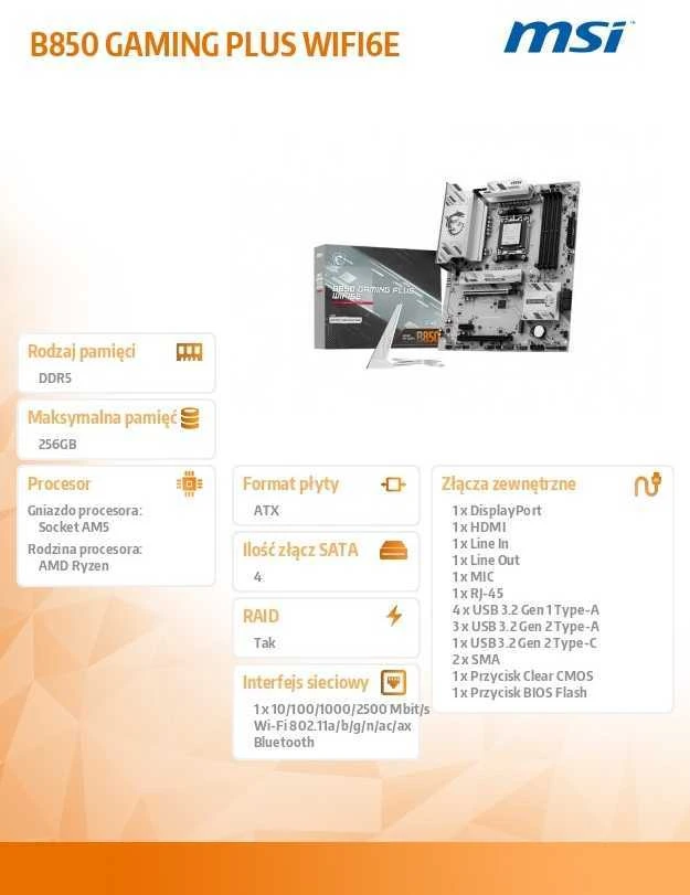Pagrindinė plokštė MSI B850 GAMING PLUS WIFI6E | Procesorių šeima AMD | Procesoriaus lizdas AM5 | DDR5 | Palaikomos standžiojo disko sąsajos SATA, M.2 | SATA jungčių skaičius 4
