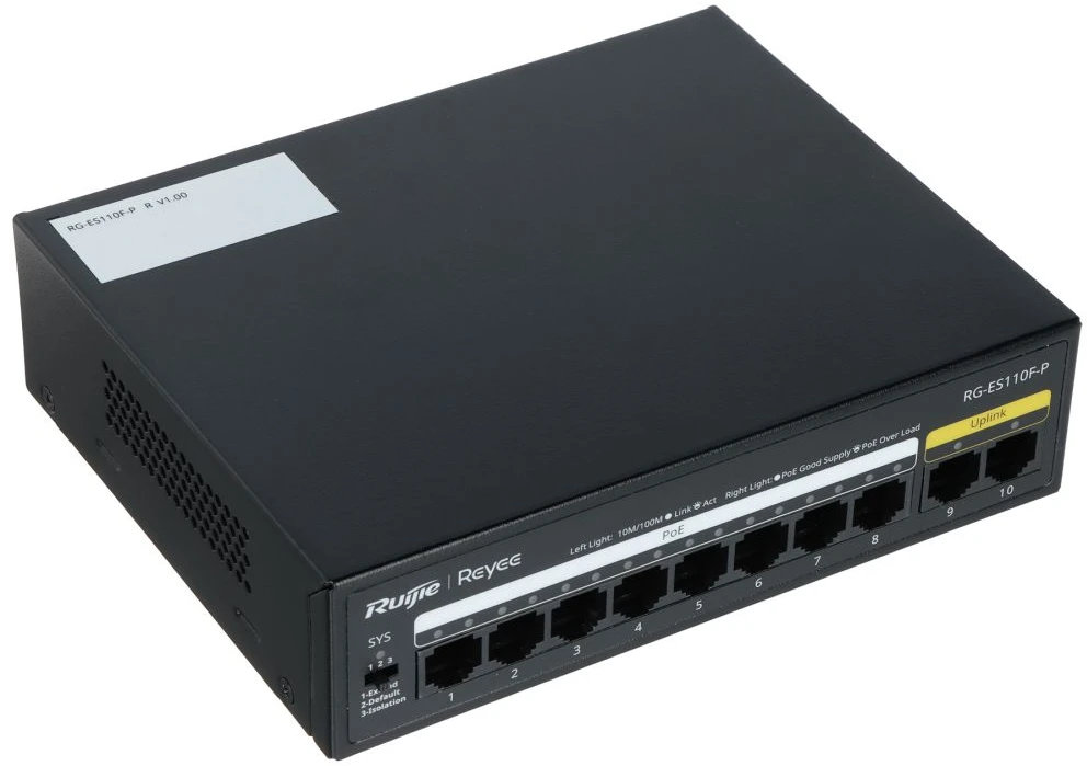 Šakotuvas Ruijie RG-ES110D-P 8-port 10/100Mbps 6kV 5.6Gbps 8 PoE+ Slēdzis Melns