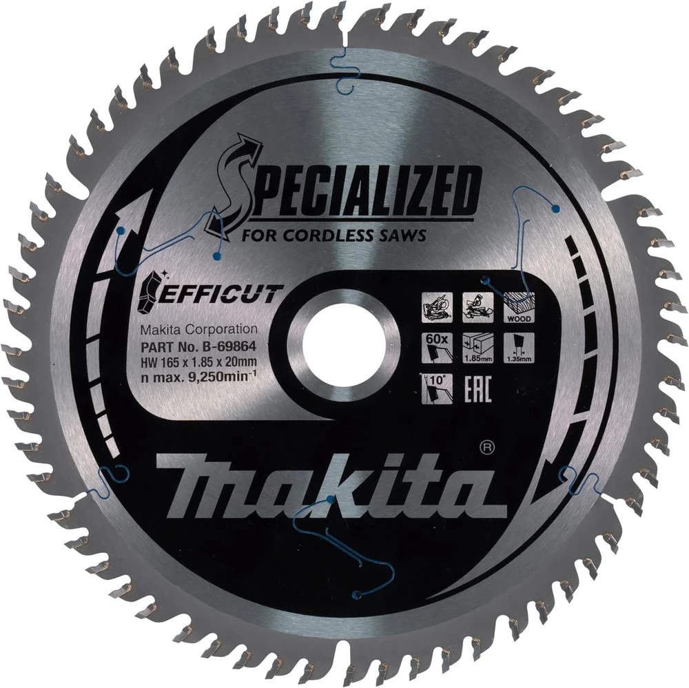 Makita T.C.T. pjūklas EFFICUT 165X1.85X20mm 10° T60 B-69864 T.C.T • 165 x20 mm • T60 • 10° • Medienai