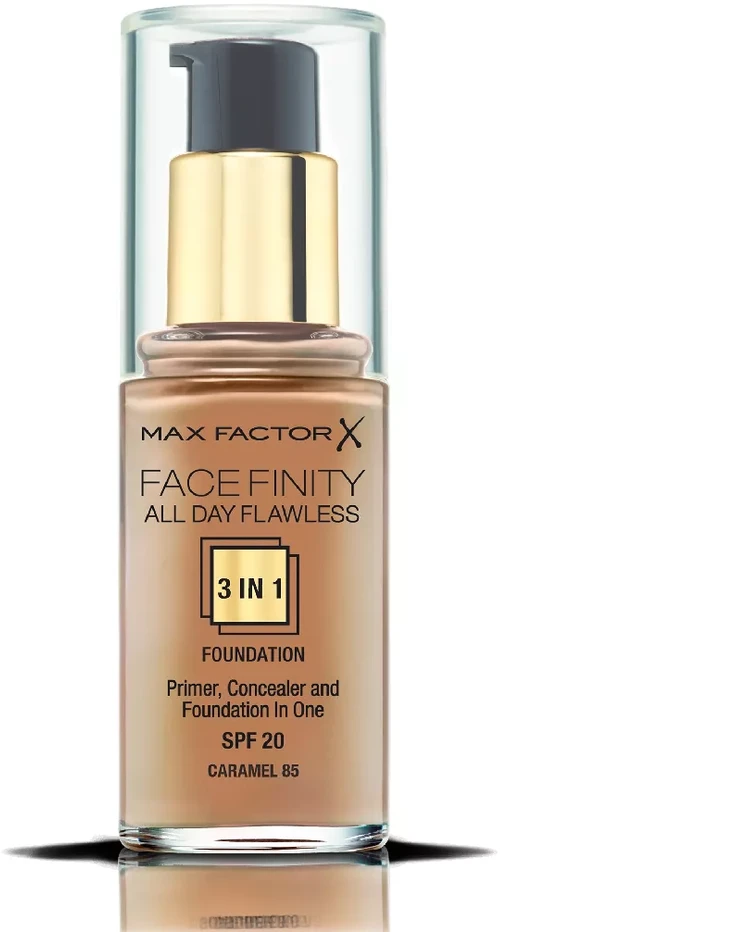 "Max Factor Facefinity 3 in 1" makiažo bazė, maskuoklis ir makiažo pagrindas Spf20 85 Caramel 30ml