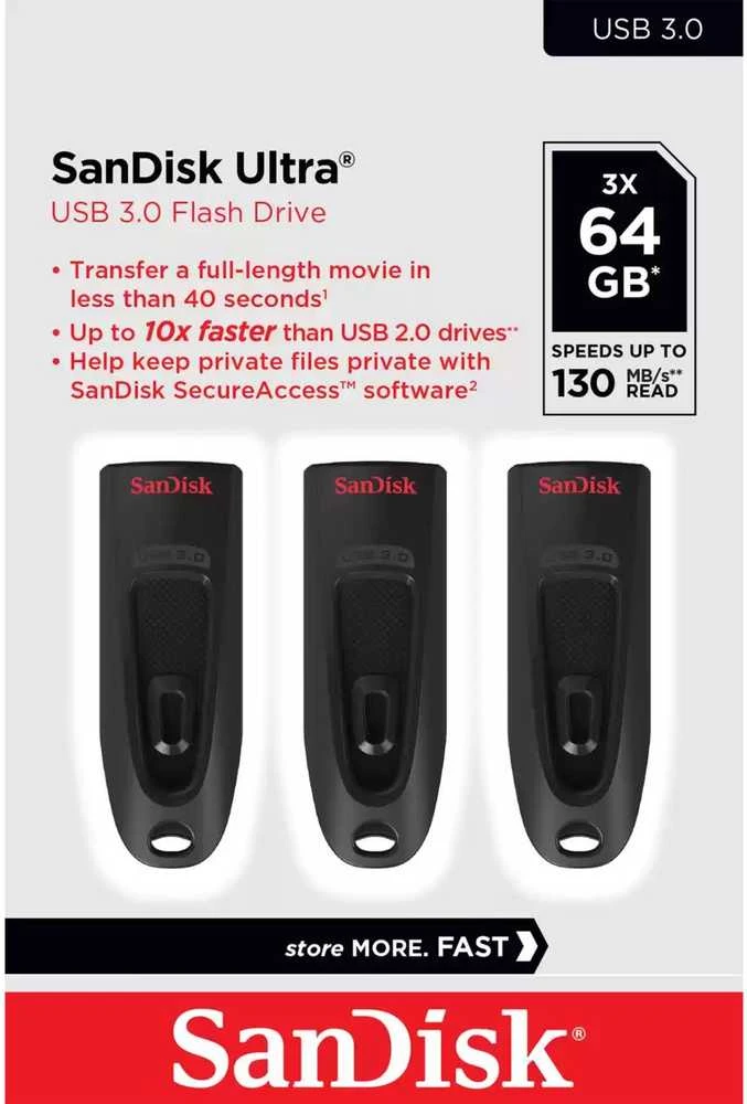 Sandisk ULTRA 64GB USB 3.0 FLASH DRIVE - 130MB/S READ 3 PACK (Juodas)
