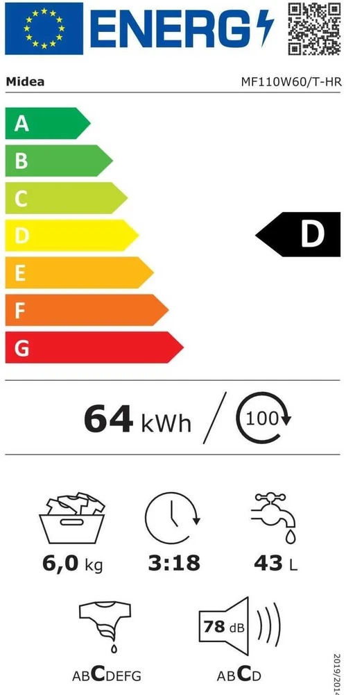 Midea | Skalbimo mašina | MF110W60/T-HR | Energy efficiency class D | Front loading | Skalbimo talpa 6kg | 1000 RPM | Gylis 40 cm | Plotis 59.5 cm | Ekranas | LED | Sidabrinis