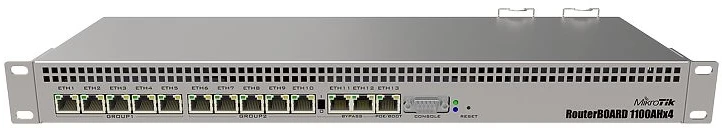 Mikrotik Wired Ethernet Maršrutizatorius RB1100x4, 1U Rackmount, Quad core 1.4GHz CPU, 1 GB RAM, 128 MB, 13xGigabit LAN, 1xSerial console port RS232, PCB Temperature and Voltage Monitorius, IP20, RouterOS L6 | MikroTik | Wired Ethernet Maršrutizatorius | RB1100AHx4 | No Wi-Fi | 10/100/1000 Mbit/s | Mesh Support No | MU-MiMO No | No mobile broadband | 12 mėn.