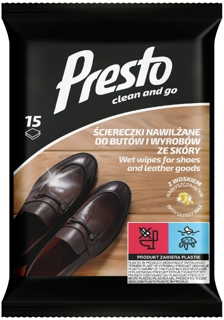 Osram Presto drėgnos servetėlės su vašku batams ir odos gaminiams, 15 vnt.
