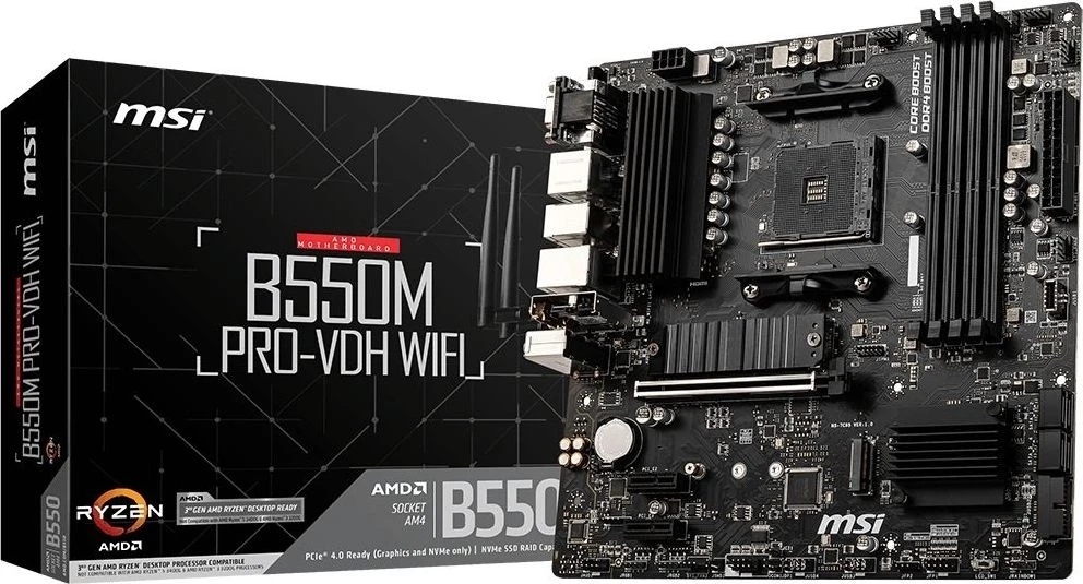 Pagrindinė plokštė MSI B550M PRO-VDH Wi-Fi | AMD procesorių šeima | Procesoriaus lizdas AM4 | DDR4 | Atminties lizdai 4 | SATA jungčių skaičius 4 | Lustų rinkinys AMD B | Mikro ATX