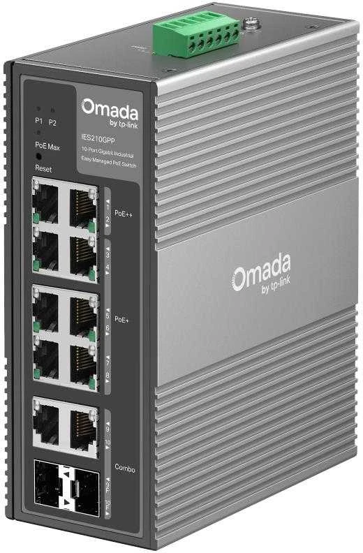 Šakotuvas TP-Link Omada 10 prievadų gigabito pramoninis lengvai valdomas komutatorius su 6 prievadų PoE+ ir 2 prievadų PoE++