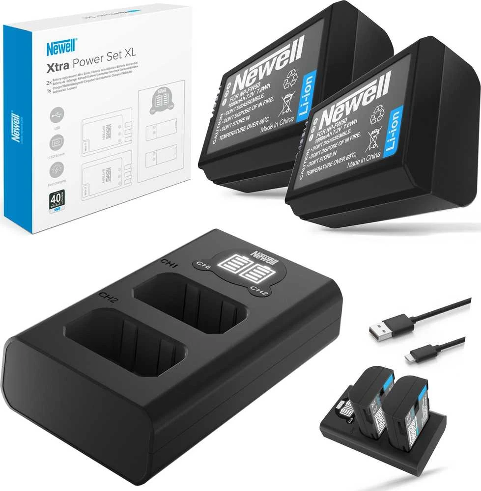 Dviejų kanalų įkroviklio rinkinys ir dvi NP-FW50 baterijos Newell DL-USB-C, skirtos Sony