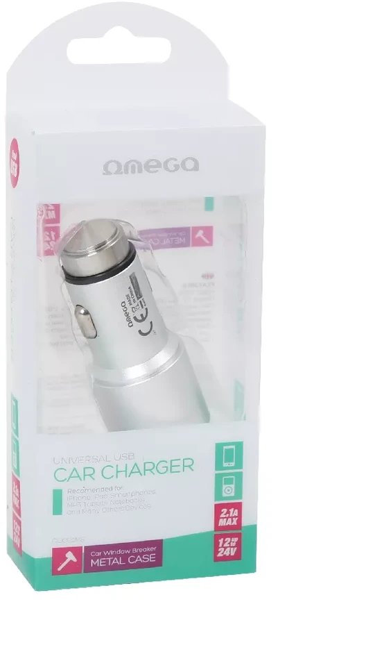Omega automobilinis įkroviklis 2xUSB 2100mA Metalas, sidabras (43344)