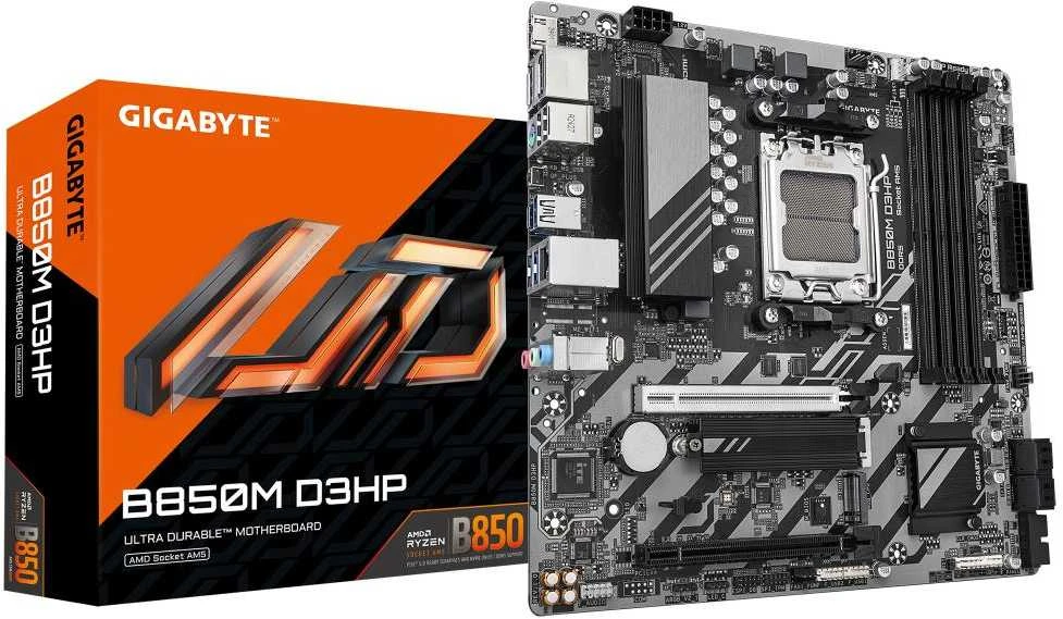 Pagrindinė plokštė GIGABYTE B850M D3HP Motherboard - AMD Ryzen 9000 Series CPUs, 5+2+2 Phases Digital VRM, iki 8200MHz DDR5 (OC), 1xPCIe 5.0 + 1xPCIe 4.0 M.2, GbE LAN, USB 3.2 Gen 2