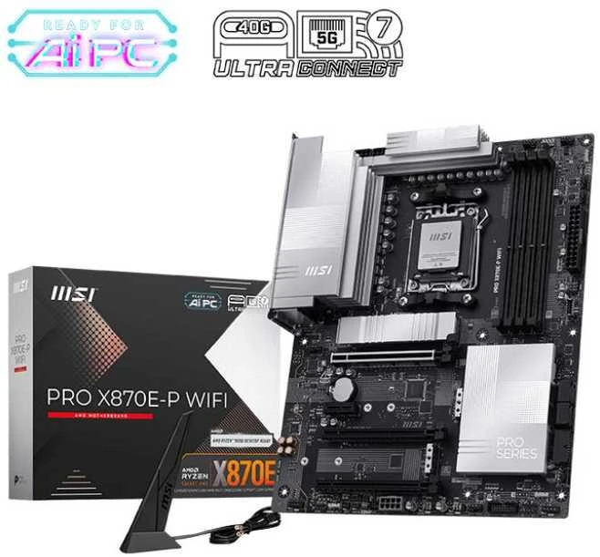 Pagrindinė plokštė MSI PRO X870E-P WIFI | Procesorių šeima AMD | Procesoriaus lizdas AM5 | DDR5 UDIMM | Palaikomos standžiojo disko sąsajos SATA, M.2 | SATA jungčių skaičius 4