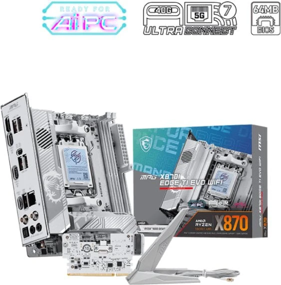 Pagrindinė plokštė MSI MPG X870I EDGE TI EVO WIFI | Procesorių šeima AMD | Procesoriaus lizdas AM5 | DDR5 | Palaikomos standžiojo disko sąsajos SATA, M.2 | SATA jungčių skaičius 2