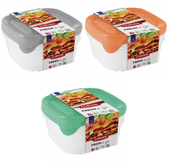 Kadax Plastikinių maisto laikymo indelių rinkinys CURVER Fresh&Go, mėtinės, pilkos, rausvos sp., 3x0,8L