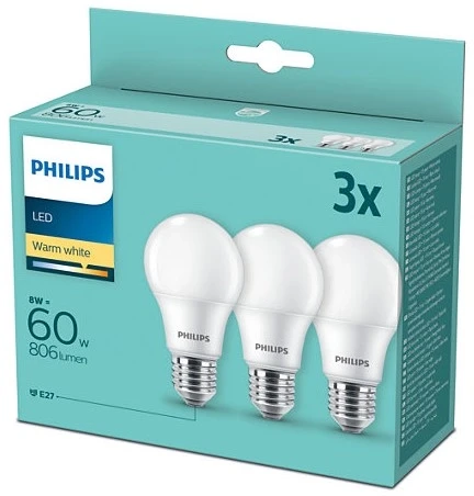 LED lemputė Philips 60W E27 Šiltai balta, 3 vnt