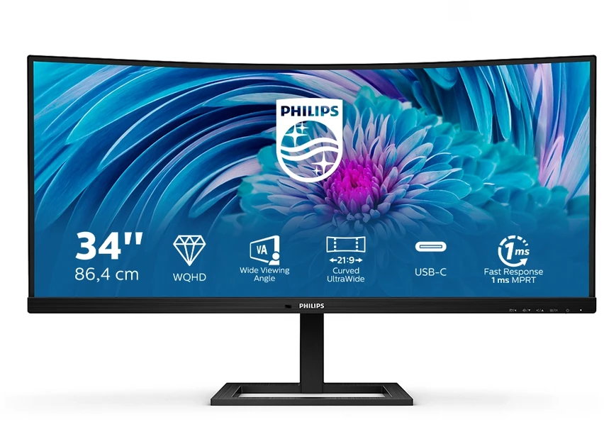 Monitorius Philips 346E2CUAE, 34" UWQHD (3440x1440) lenktas VA 1500R, 21:9, 100Hz, USB-C 65W, garsiakalbiai, reguliuojamas stovas