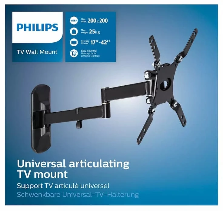 Philips Universalus šarnyrinis sieninis laikiklis televizoriui iki 42", suderinamas su VESA sieniniu laikikliu: 100x100 mm, 200x100 mm, 200x200 mm, prailginimas: 35 cm, atstumas nuo sienos: 4,2 cm, lygio korekcija, TV kabelių valdymas, montavimo šablonai ir techninė įranga.