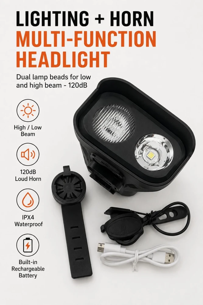 iLike Akcesorium rowerowe JOHORSE Rechargeable Bike Light with 120dB Horn USB Rechargeable LED Bicycle Headlight High/Low Beam IPX4 W (CB-18135)
