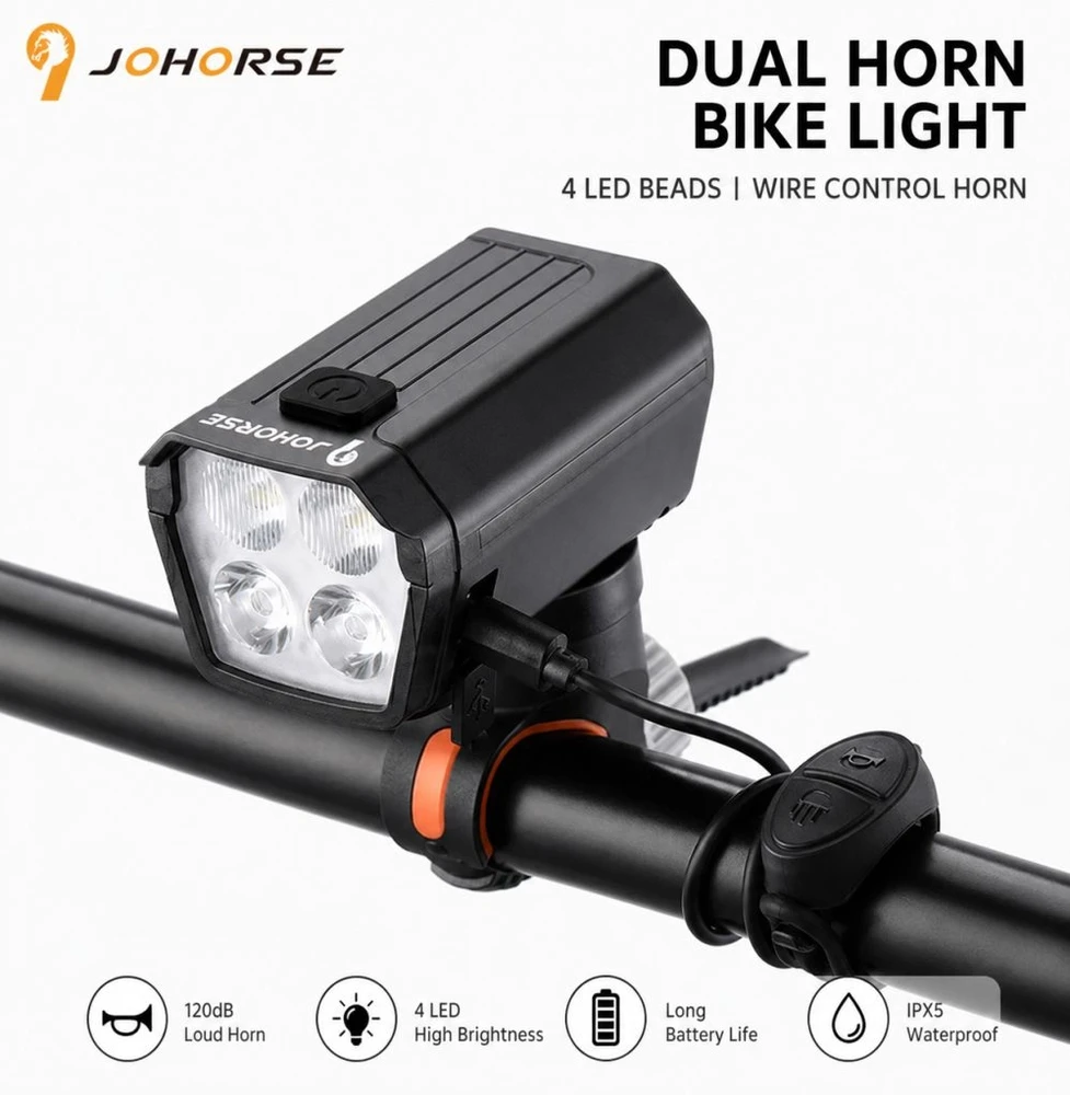 iLike Akcesorium rowerowe JOHORSE USB Rechargeable Bike Headlight with 120dB Electric Horn 300LM 4 LED Bicycle Front Light 7 Lighting (CCB-18168)