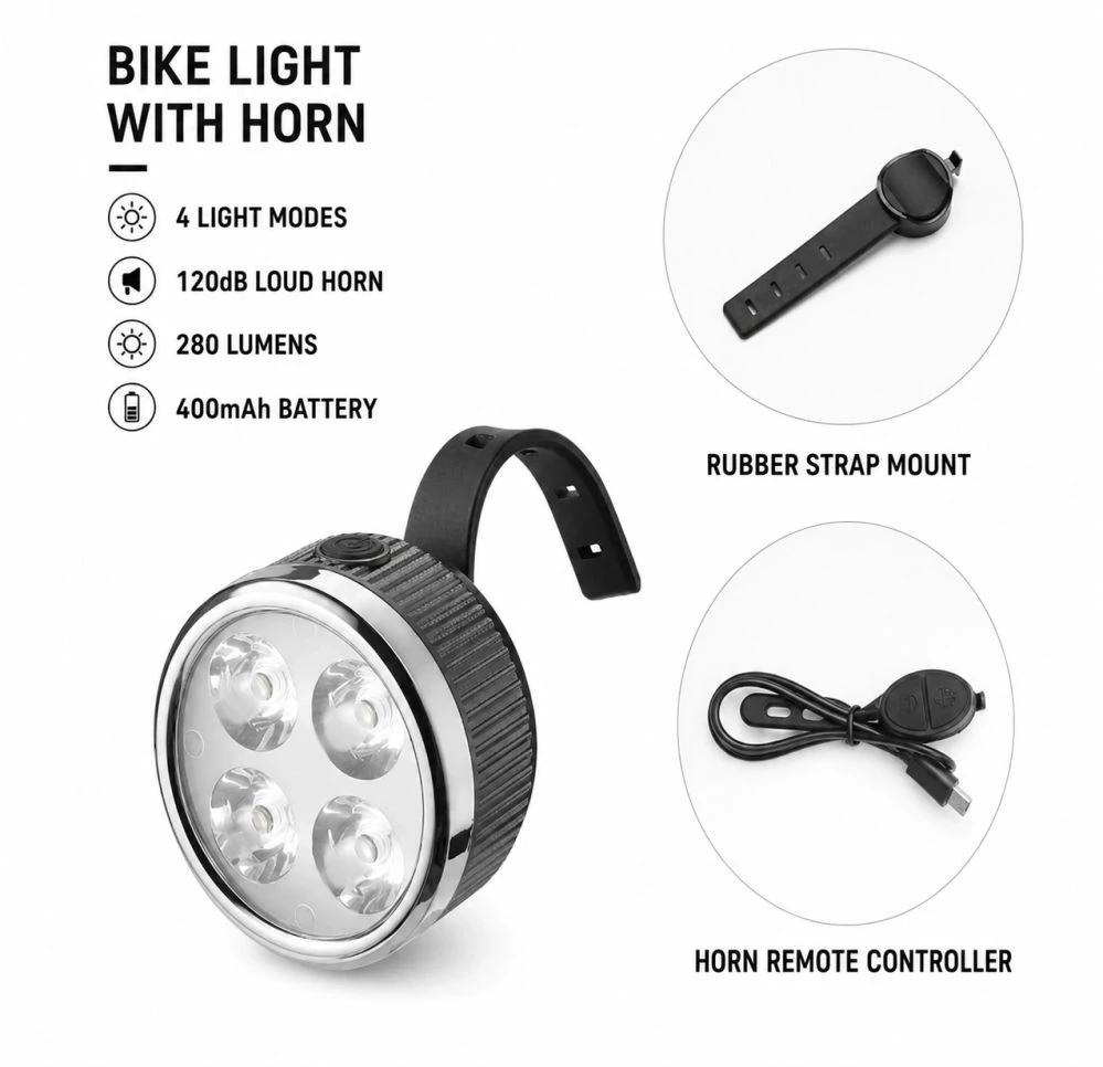 iLike Akcesorium rowerowe Rechargeable Bike Headlight with 120dB Horn 280 Lumens 4 Light Modes USB Rechargeable Wireless Remote Cont (CB-1811601)