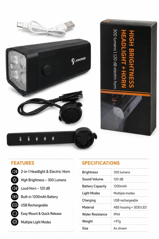 iLike Akcesorium rowerowe Rechargeable Bicycle Headlight with 120dB Electric Horn 300 Lumens LED Bike Light USB Rechargeable Handleba (CB-1805401)