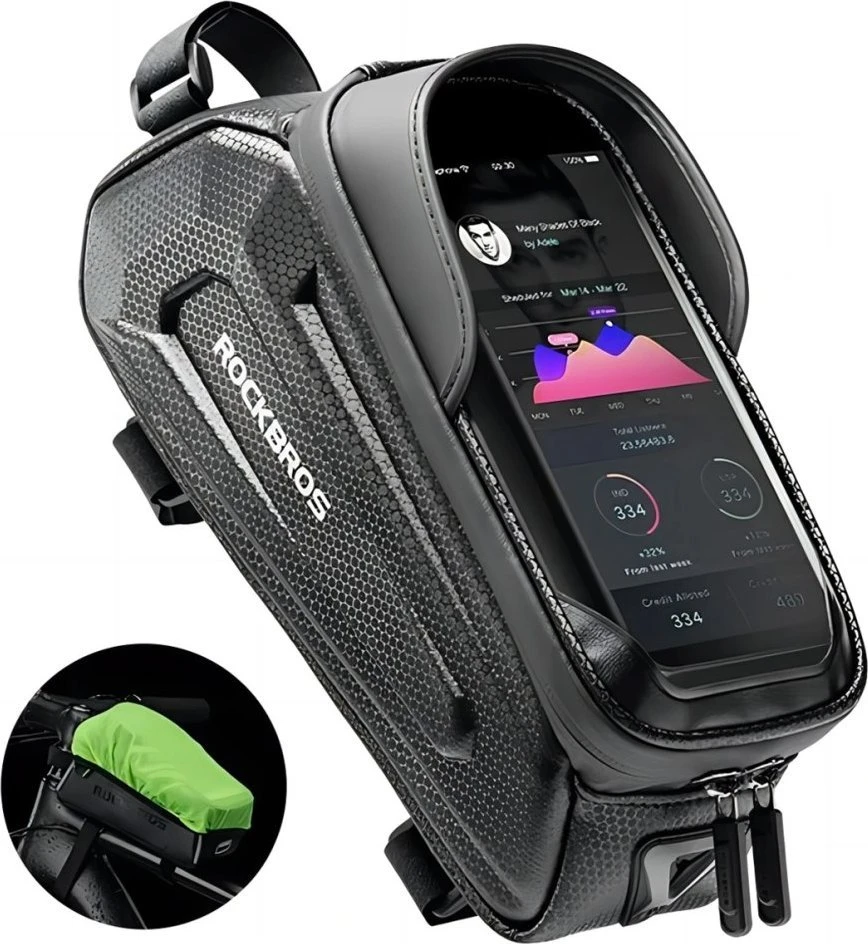 Rockbros B68 dviračio krepšys for armored frame with phone pocket and cover 1.7l – juodos spalvos