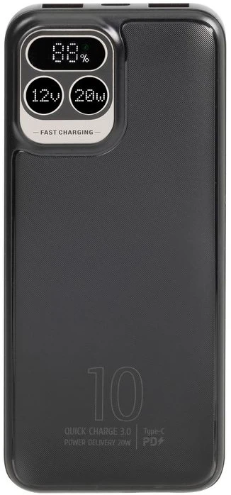 „RivaCase“ išorinė baterija 10.000 mAh USB-C 20W LCD 1X WE/WY USB-C PD 20W 2X USB-A QC 3.0 18W juoda