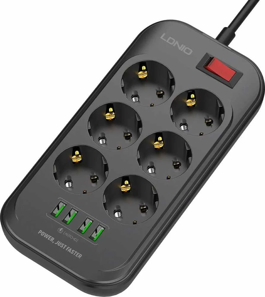 Ilgintuvas su 6 AC lizdais 4x USB LDNIO 2m - juoda