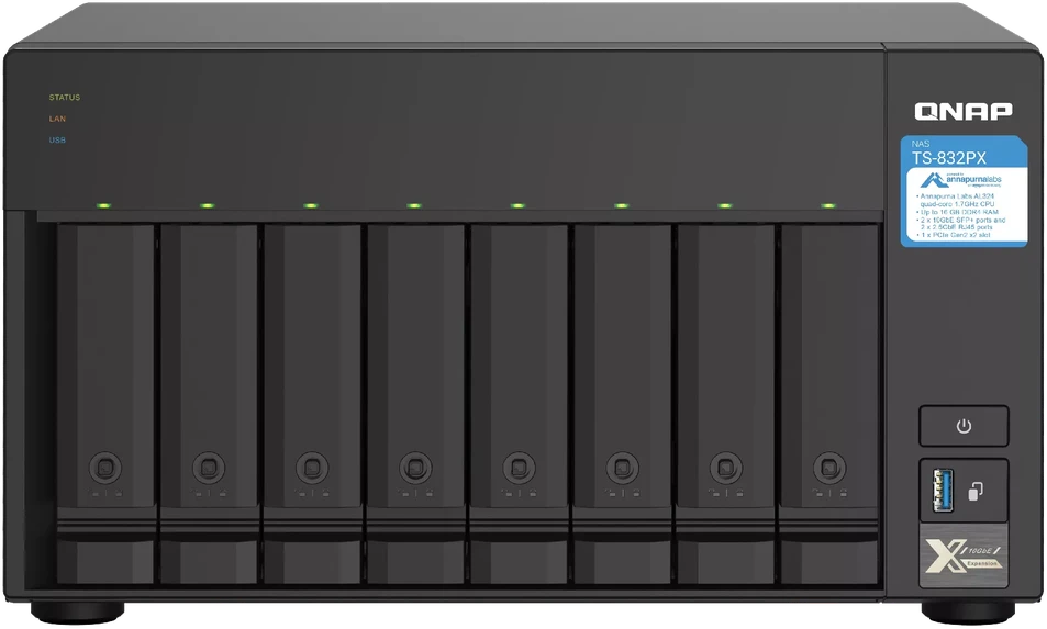 Qnap Systems QNAP TS-832PX-4G 8 skyrių NAS serveris AL324 1.7GHz keturių branduolių 4GB DDR4 SODIMM maks. 16GB 2x10GbE SFP+ LAN + 2x2.5GbE