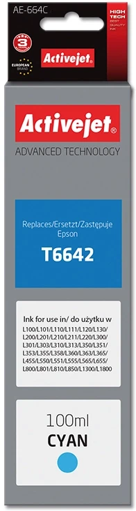 Rašalo Buteliukas - Activejet AE-664C, Skirtas Epson Spausdintuvui, 100 ml, Mėlynos Spalvos