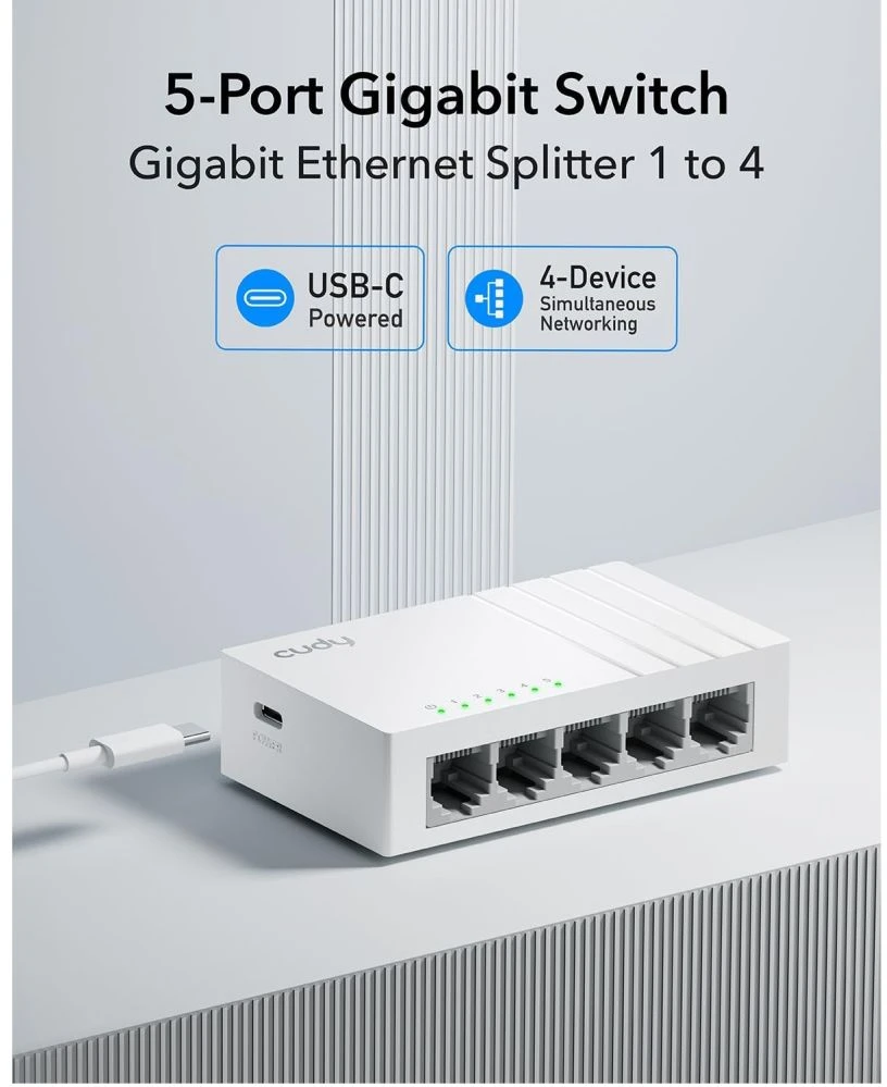 Šakotuvas „Cudy GS105U“ tinklo komutatorius, nevaldomas gigabito eternetas (10/100/1000), Baltas
