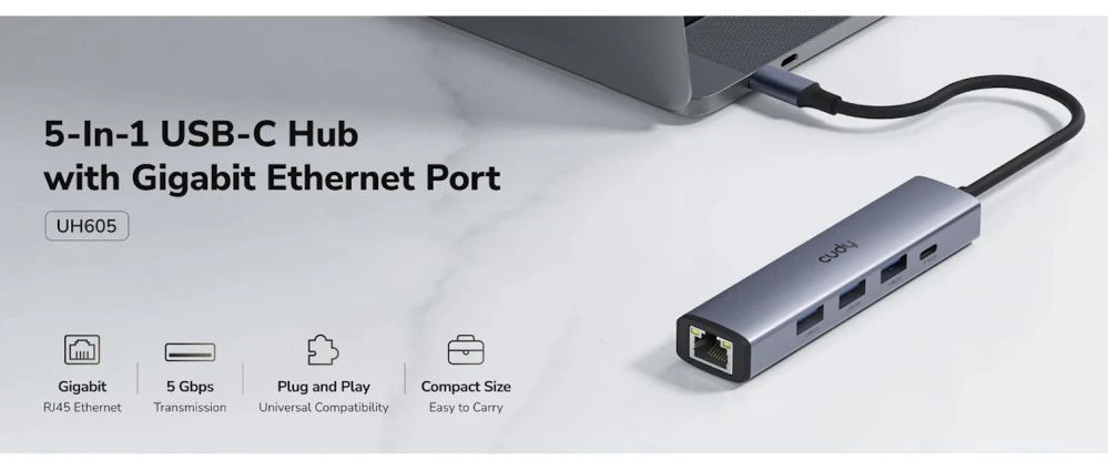 Cudy UH605 laptop dock/port replicator Wired USB 3.2 Gen 1 (3.1 Gen 1) Type-C Pilkas, Sidabrinis