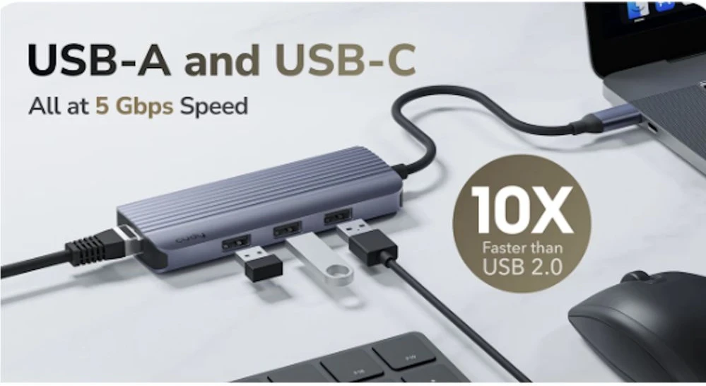 Cudy UH606 laptop dock/port replicator Wired USB 3.2 Gen 1 (3.1 Gen 1) Type-C Pilkas, Sidabrinis