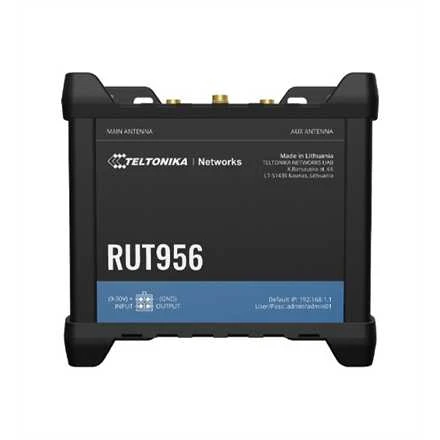 Šakotuvas Teltonika | Pramoninis maršrutizatorius | RUT956 | 802.11n | 10/100 Mbit/s | Ethernet LAN (RJ-45) jungtys 4 | Palaikomas tinklelis: ne | MU-MiMO: ne | 2G/3G/4G | Antenos tipas: 2 x SMA, skirtas LTE, 2 x RP-SMA, skirtas WiFi, 1 x SMA, skirtas GNSS | 1 x USB 2.0