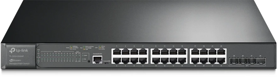 Šakotuvas TP-LINK | 24 prievadų gigabito ir 4 prievadų 10GE SFP+ L2+ valdomas komutatorius su 24 prievadų PoE+ | TL-SG3428XMP JetStream | Valdomas L2+ | Montuojamas į lentyną