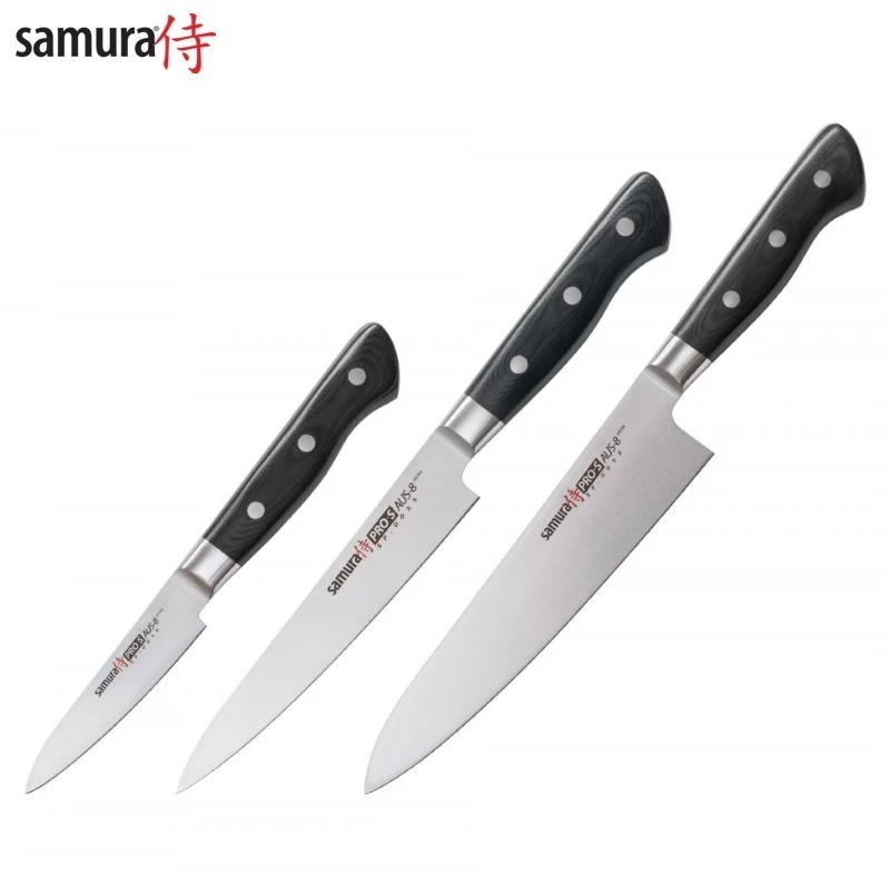 Samura PRO-S kompl. no 3 nažiem: Paring 88mm / Utility 145mm / European Chef's 200mm no AUS 8 Japāņu tērauda 58 HRC DĀVANU KASTĒ