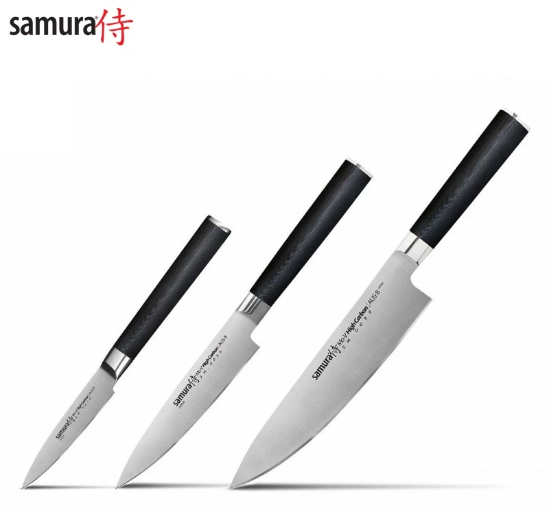 Samura MO-V rinkinys 3vnt. peiliai Pjovimas 90mm / Naudingumas 125mm / Virėjos 200mm iš AUS 8 Japoniškas plienas 59 HRC