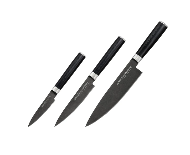 Samura MO-V Stonewash Set 3x universalūs peiliai (Chefs, Univesal, Paring) iš AUS 8 japoniško plieno 59 HRC