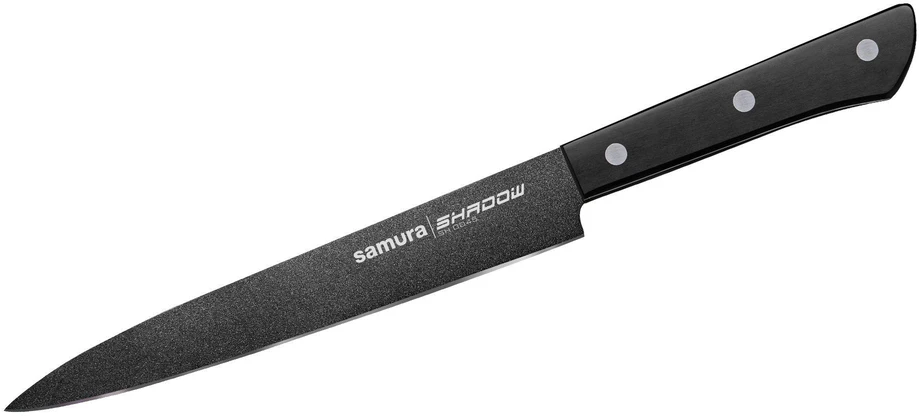 Samura SHADOW universalus virtuvės pjaustymo peilis su juoda nepridegančia danga 7,7"/196 mm iš AUS 8 japoniško plieno 59 HRC