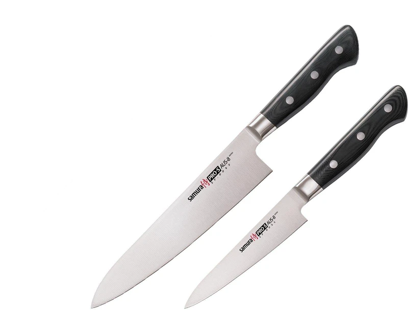 Samura PRO-S 2 peilių rinkinys: Europos virėjo peilis 200 mm / Naudingas peilis 115 mm iš AUS 8 japoniško plieno 58 HRC