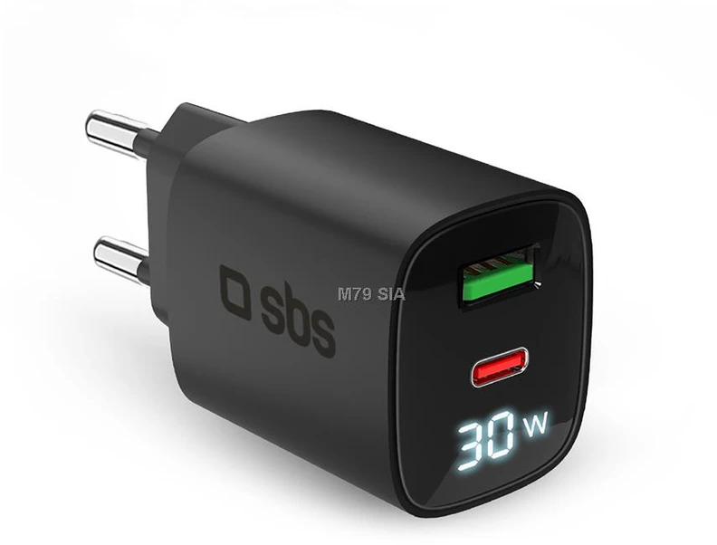 SBS 30W USB-A, USB-C juodas, su ekranu