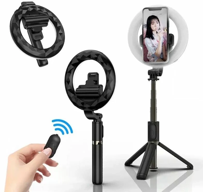 E-LIGHT Elight Q07 profesionālais selfie nūja (garums max 90cm) ar gredzenu LED gaismu / statīvu / slēdža pogu Melna