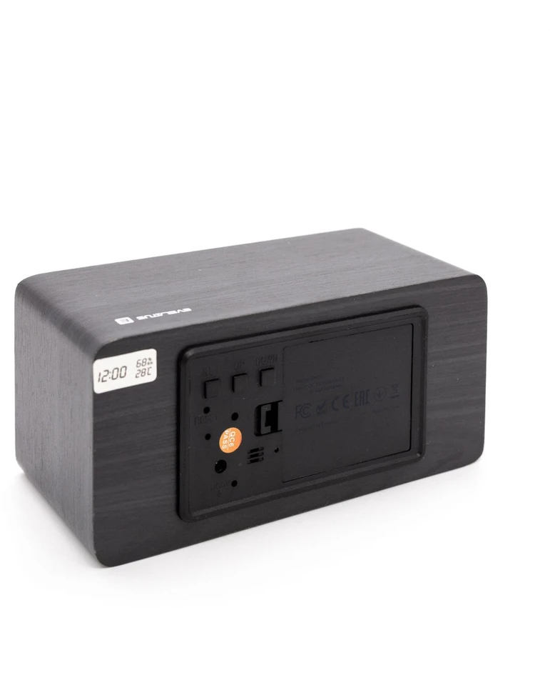 Evelatus EMC01 Digitāls Koka kubs Pulkstenis Modinātājs uzrāda mitrumu temperatūru + USB lādētājs Melna